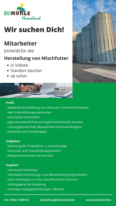 Mitarbeiter (m/w/d) für die Herstellung von Mischfutter Mitarbeiter (m/w/d) für die Herstellung von Mischfutter